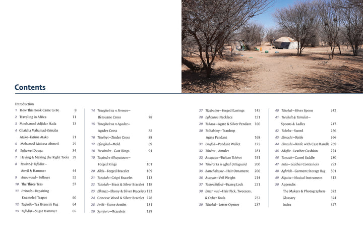 On the left, a table of contents lists chapter titles and pages. On the right, a photo from "Inadan, the Mastery of Tuareg Artisans" (Schiffer Publishing, Ltd.) shows round huts and trees in a dry landscape under a clear sky.
