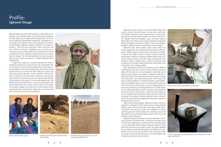 A magazine spread profiles "Inadan, the Mastery of Tuareg Artisans" by Schiffer Publishing, Ltd., showcasing photos of Eghawel Douga, Tuareg artisans at work, traditional attire, camels, and a teapot—capturing Sahara indigenous culture.
