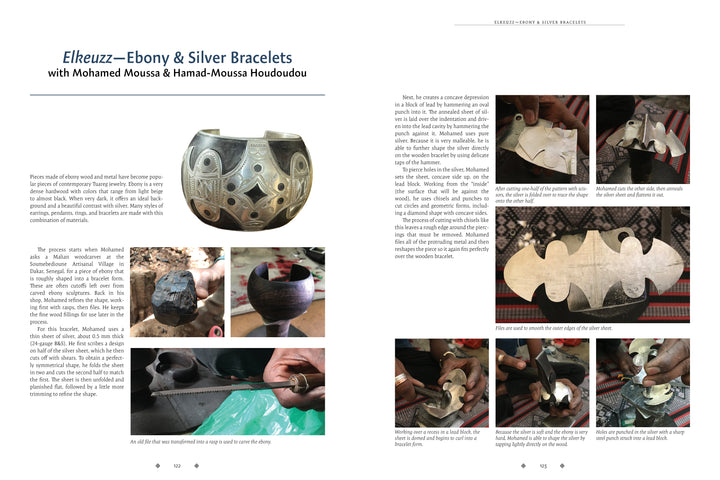 A two-page spread from "Inadan, the Mastery of Tuareg Artisans" by Schiffer Publishing, Ltd. showcases a detailed metal bracelet, step-by-step images of artisans at work, and insights into their skilled techniques and heritage.