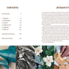 A book spread from Leather Art by Schiffer Publishing, Ltd. displays a table of contents, an introduction to leather art, and eight detailed photos highlighting sculpted leaves, flowers, an angel, and textured patterns made by molding leather.