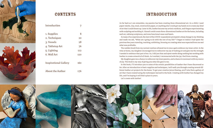 A book spread from Leather Art by Schiffer Publishing, Ltd. displays a table of contents, an introduction to leather art, and eight detailed photos highlighting sculpted leaves, flowers, an angel, and textured patterns made by molding leather.