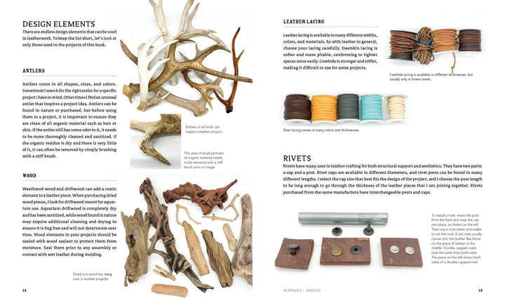 A book spread from Leather Art by Schiffer Publishing, Ltd. showcases design elements, leather lacing and molding techniques, plus photos of antlers, wood pieces, leather cords, a metal rivet tool, and riveted leather samples.