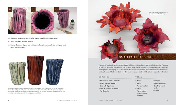 Two illustrated pages from Schiffer Publishing, Ltd.'s Leather Art show step-by-step instructions for molding leather into ridged vessels and small, red and orange leaf-shaped bowls, with descriptions and materials lists to guide your crafting.
