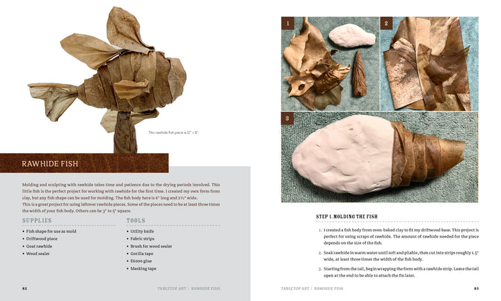 A Leather Art tutorial from Schiffer Publishing, Ltd. shows how to craft a rawhide fish. Supplies and a finished example appear on the left; the right page details three step-by-step photo instructions for molding and layering leather over a fish shape.