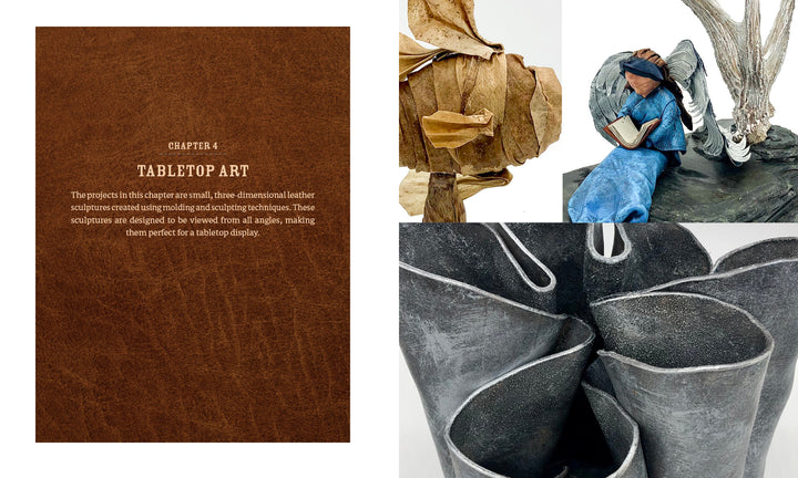 A brown textured page with white text introduces Chapter 4: Tabletop Art from Schiffer Publishing, Ltd.'s Leather Art, shown beside images of molding leather and stone tabletop sculptures like abstract folds and a figure reading under a tree.