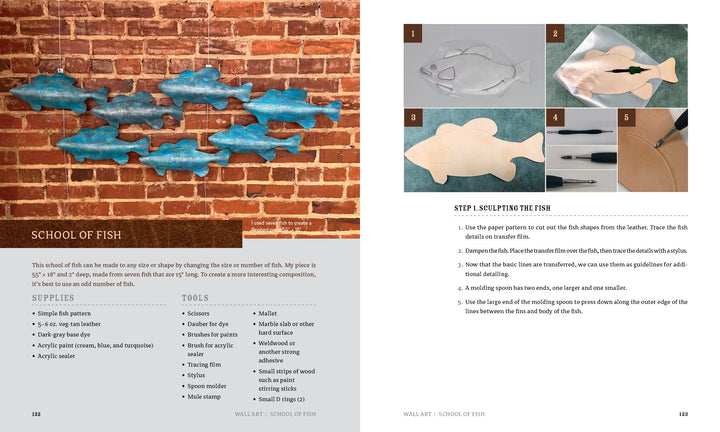 A DIY art guide, Leather Art by Schiffer Publishing, Ltd., showcases a blue fish wall display, wooden fish photos, sculpting tools, and techniques for molding leather into fish art, with listed supplies and tools on the left page.