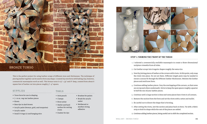 Leather Art by Schiffer Publishing, Ltd. features a bronze torso sculpture on a brick wall, supplies list, and step-by-step photo guide to sculpting leather with foam and mannequins, plus leather sculpting tips.