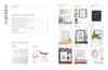 An open copy of The Little Book of Flower Pressing by Schiffer Publishing, Ltd. reveals a contents page listing projects like botanical frames, pressed floral craft, embroidery, and plant hanger, each labeled with page numbers on a white and green background.