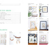 An open copy of The Little Book of Flower Pressing by Schiffer Publishing, Ltd. reveals a contents page listing projects like botanical frames, pressed floral craft, embroidery, and plant hanger, each labeled with page numbers on a white and green background.