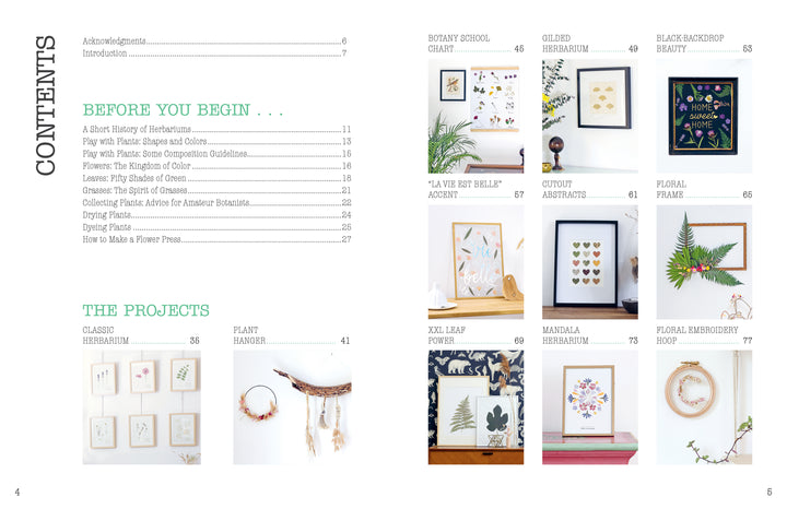 An open copy of The Little Book of Flower Pressing by Schiffer Publishing, Ltd. reveals a contents page listing projects like botanical frames, pressed floral craft, embroidery, and plant hanger, each labeled with page numbers on a white and green background.