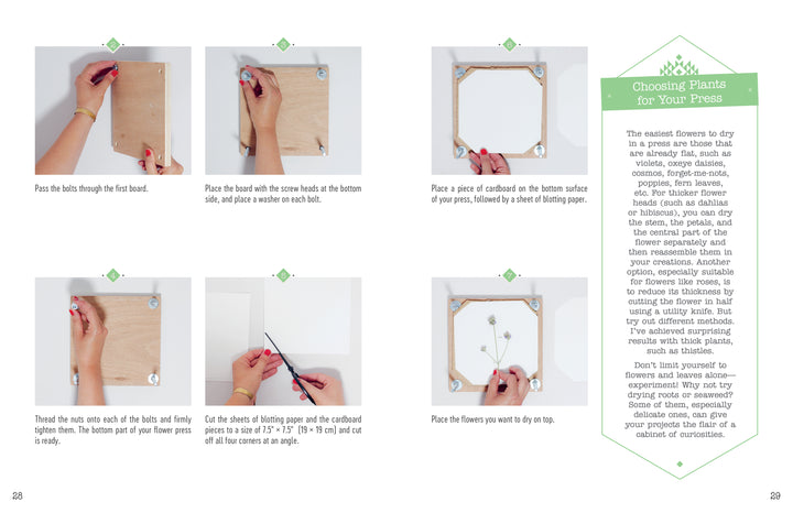 A six-step photo guide from Schiffer Publishing, Ltd.'s The Little Book of Flower Pressing shows hands assembling a flower press with bolts, cardboard, and blotting paper. A green box discusses choosing plants for pressing.