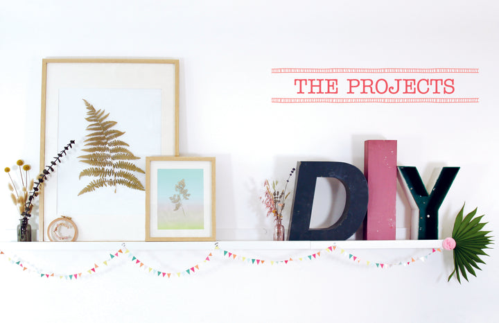 A white shelf displays "The Little Book of Flower Pressing" by Schiffer Publishing, Ltd., surrounded by botanical frames, vases, DIY letters, a green palm leaf, and colorful pennant flags. "THE PROJECTS" is written in red above.
