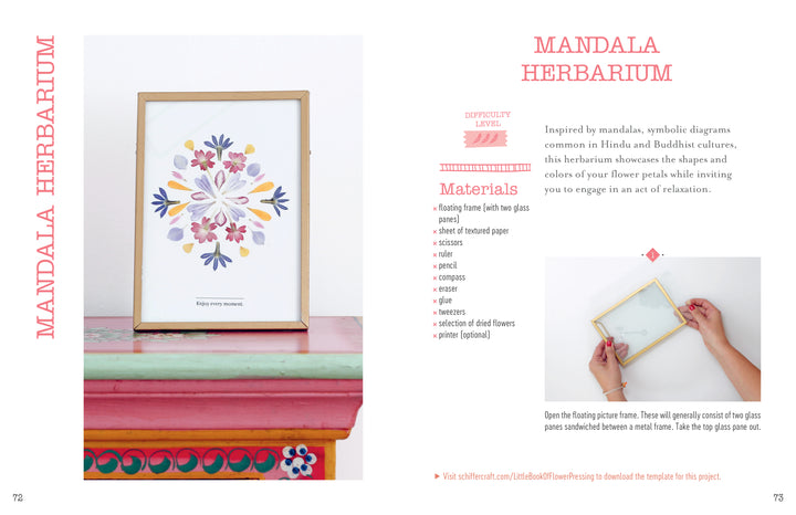 A framed floral mandala art sits on a colorful table, while a hand closes a floating botanical frame. The Little Book of Flower Pressing by Schiffer Publishing, Ltd. lists instructions and materials for making mandalas and using flower presses.