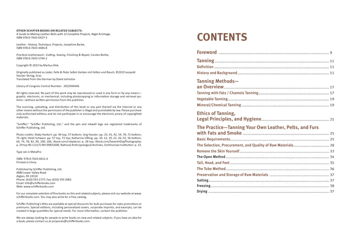 The image shows copyright and publishing info for Schiffer Publishing, Ltd.’s "Natural Leather Tanning" on the left, and a contents page on the right with topics like fat tanning, tools, ethics, homemade methods, drying, practice tips, and page numbers.