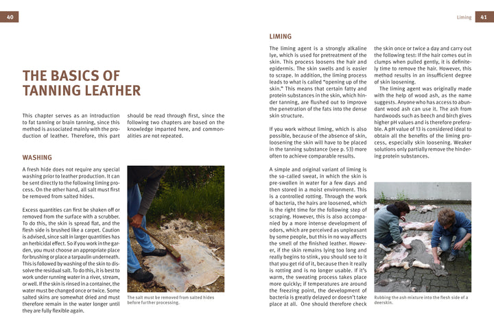 Using Schiffer Publishing, Ltd.'s "Natural Leather Tanning," a person scrapes raw animal hide to remove flesh, then two people rinse the treated hide outdoors, demonstrating homemade leather preparation with natural tanning methods.