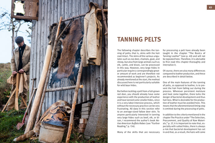 A person in period clothing demonstrates natural tanning beside a wooden shed with animal pelts, set amid grass and trees. The image promotes "Natural Leather Tanning" by Schiffer Publishing, Ltd., under the section Tanning Pelts.