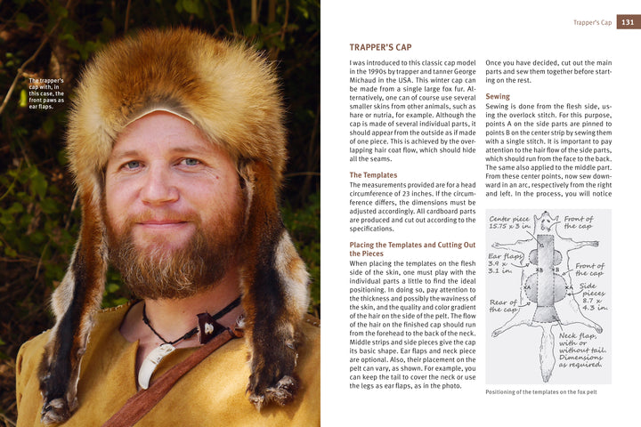 A bearded person wears a handmade fur trapper’s cap with animal tails, crafted from homemade leather using techniques from Schiffer Publishing, Ltd.’s "Natural Leather Tanning." Instructions and diagrams appear on the right page.