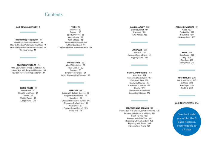 Table of contents page from "Sew for Yourself" by Schiffer Publishing, Ltd., listing chapters on history, textiles, patterns, garments, sustainable clothing, fabric remnants, custom sizes, techniques, and test sheets with page numbers in two columns.