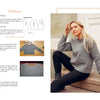 A woman in a gray and white geometric sweater sits thoughtfully on stone steps; on the left, "Sew for Yourself" by Schiffer Publishing, Ltd. displays sewing instructions, paper patterns, and customizable size options.