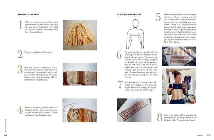 The Sew for Yourself tutorial by Schiffer Publishing, Ltd. provides step-by-step photos and instructions for sewing a customizable skirt, featuring fabric layouts, stitching close-ups, and images of a woman fitting the finished garment.