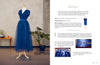 A royal blue tulle ball gown on a dress form stands beside a plant. The right page of "Sew for Yourself" by Schiffer Publishing, Ltd. shows step-by-step illustrated sewing instructions with customizable patterns and photos.