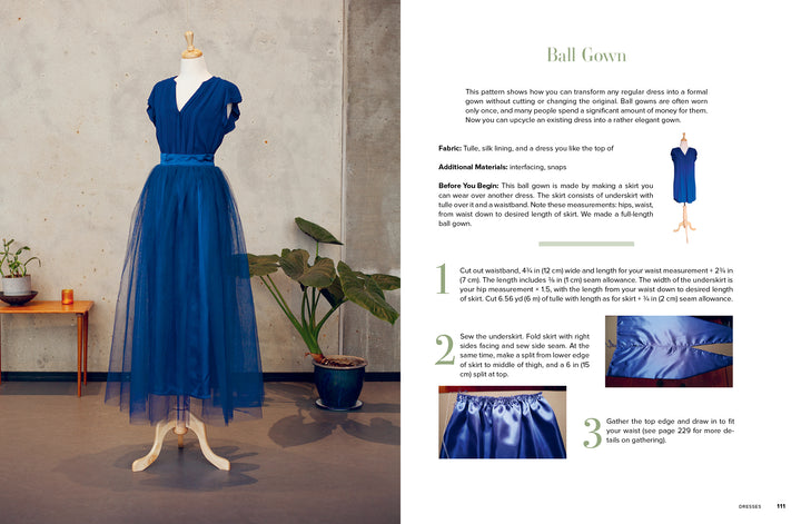 A royal blue tulle ball gown on a dress form stands beside a plant. The right page of "Sew for Yourself" by Schiffer Publishing, Ltd. shows step-by-step illustrated sewing instructions with customizable patterns and photos.