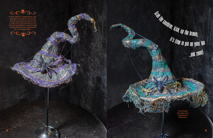 A whimsical crooked witch hat with blue and purple stripes sits on a black stand. Featured in "How to Haunt Your House Halloween Craft Fun" by Schiffer Publishing, Ltd.—perfect for Halloween crafting and party decor inspiration.
