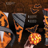 The "How to Haunt Your House Halloween Craft Fun" by Schiffer Publishing, Ltd. guides you step-by-step to create a treat cone with bat-patterned paper, striped ribbon, glittery bats, black tissue, and orange candy for party decor.