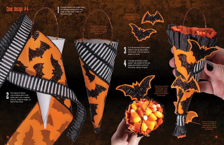 The "How to Haunt Your House Halloween Craft Fun" by Schiffer Publishing, Ltd. guides you step-by-step to create a treat cone with bat-patterned paper, striped ribbon, glittery bats, black tissue, and orange candy for party decor.