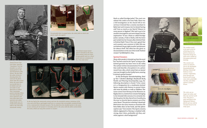 Two pages from "Norway's Knitted Heritage" by Schiffer Publishing, Ltd. showcase historic photos, color images of traditional Sami clothing with Nordic-inspired patterns, garment descriptions, and samples of colorful yarn.