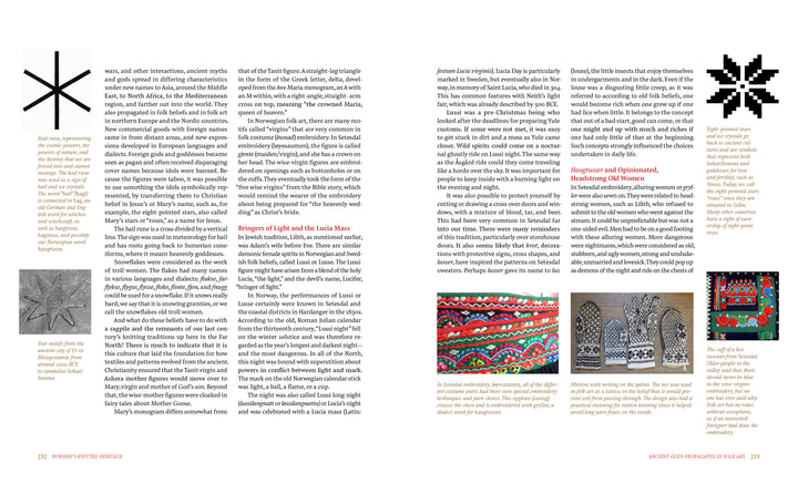 A two-page magazine spread about embroidery highlights Norway's Knitted Heritage by Schiffer Publishing, Ltd., with columns of text, small embroidered pattern images, B&W textile diagrams, and colorful Nordic knitting designs in the margins.