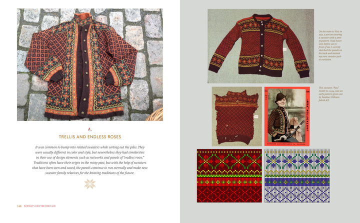 Norway's Knitted Heritage by Schiffer Publishing, Ltd. features open pages with Nordic cardigans, close-ups of traditional patterns, a model wearing one, and vibrant knitting charts set against a gray and white background.