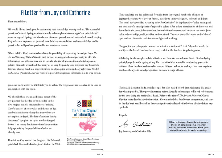 An open book spread of The Studio Formulas Set for The Art and Science of Natural Dyes (Schiffer Publishing, Ltd.) features a letter from Joy and Catharine, dye pattern images, recipes, and text about natural dyeing across both pages.