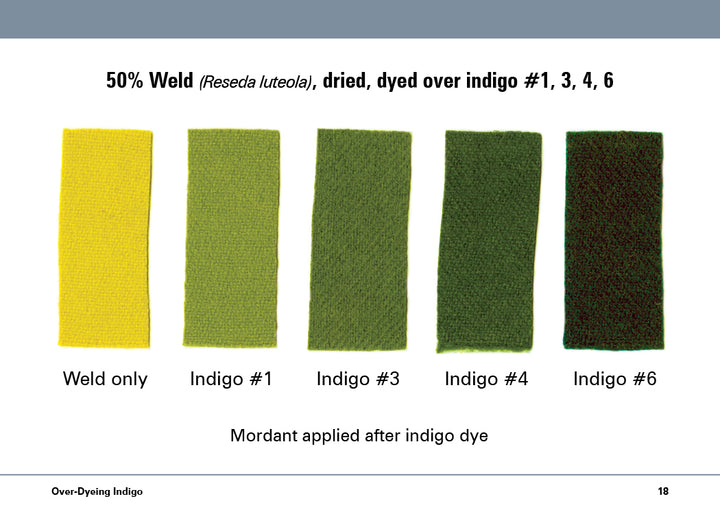 Five fabric swatches from Schiffer Publishing, Ltd.’s The Studio Formulas Set for The Art and Science of Natural Dyes show results of 50% weld dye over indigo, ranging from yellow (weld only) to green tones. Each swatch is labeled below for reference.