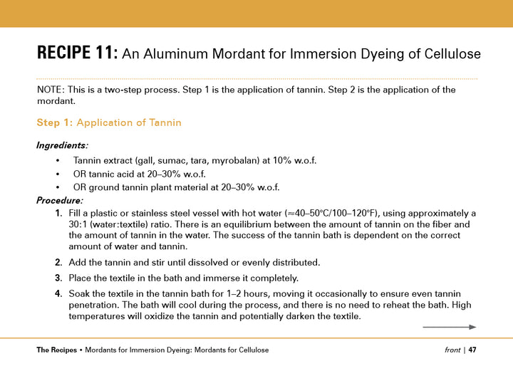 RECIPE 11: An Aluminum Mordant for Immersion Dyeing of Cellulose is an instructional page in The Studio Formulas Set for The Art and Science of Natural Dyes by Schiffer Publishing, Ltd., guiding tannin application before dyeing textile fibers.