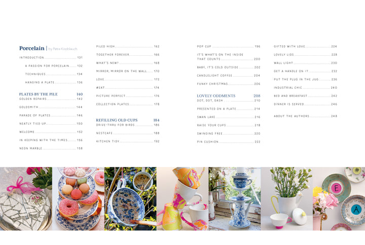 Table of contents for Schiffer Publishing, Ltd.'s "Artfully Transforming Bottles & Plates," featuring images of stacked teacups, floral plates, pastries, decorative tables, and creative ceramic tableware upcycle ideas at the bottom.