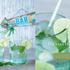 Two glasses of a lime and mint cocktail rest on wood, one with a palm leaf and lime slice. An OPEN BAR sign in the background inspires glass bottle crafts. Text reads “Cocktail Hour.” Product: Artfully Transforming Bottles & Plates by Schiffer Publishing, Ltd.
