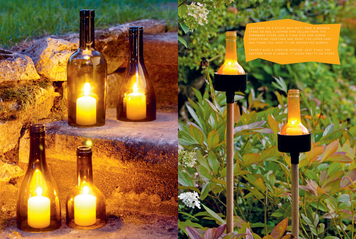 In Artfully Transforming Bottles & Plates by Schiffer Publishing, Ltd., cut wine bottles become elegant outdoor lanterns when placed on stone steps or garden stakes—perfect examples of creative glass bottle upcycling.