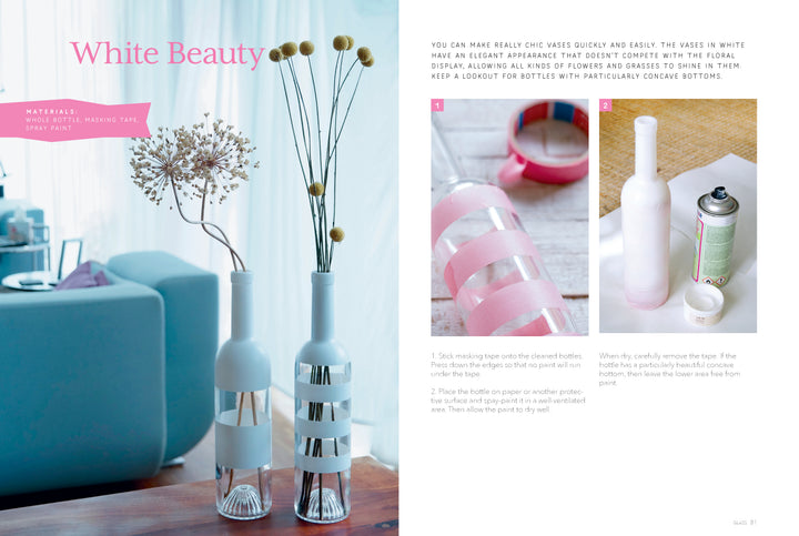 The book "Artfully Transforming Bottles & Plates" by Schiffer Publishing, Ltd. shows how to upcycle glass bottles into modern striped vases using masking tape and spray paint—perfect for creative DIY projects.