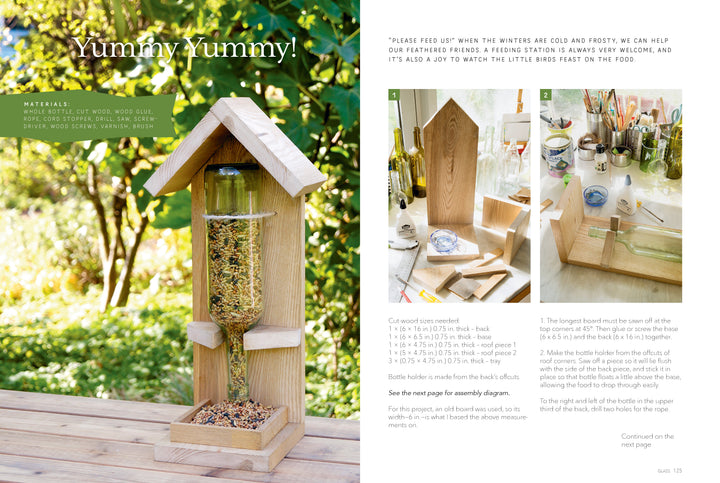 Artfully Transforming Bottles & Plates" by Schiffer Publishing, Ltd. offers creative inspiration for upcycling glass bottles—perfect for DIY craft projects like bird feeders, with ideas for woodworking, painting, and more.