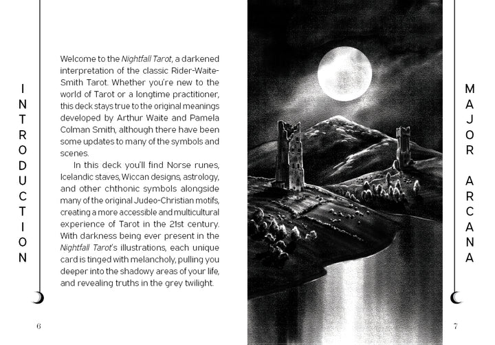 The Nightfall Tarot by Schiffer Publishing, Ltd. features a black-and-white illustration of two stone towers beneath a full moon, with shadows and clouds evoking the classic 78-card deck’s mystical atmosphere. Text appears on both pages.