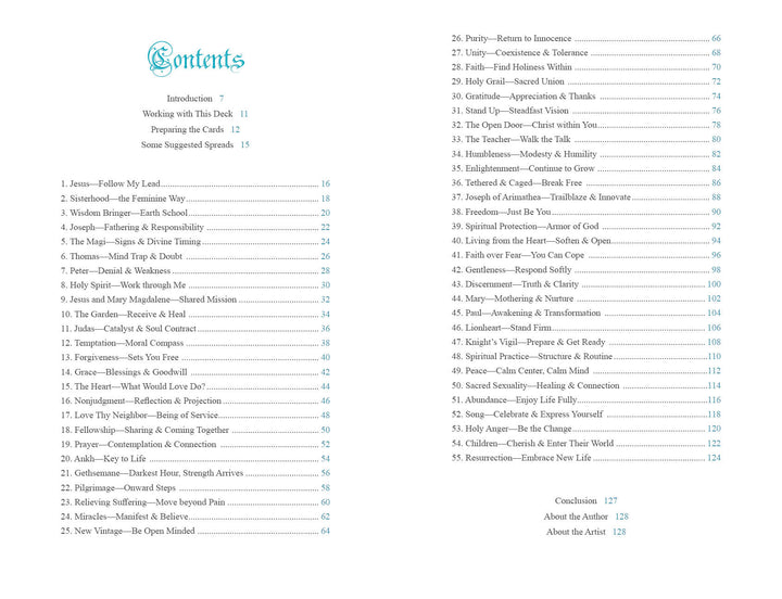 The Christ Consciousness Self-Mastery Oracle by Schiffer Publishing, Ltd. features a table of contents with 44 chapters—such as “Jesus—Follow My Lead” and “Resurrection—Embracing the Eternal Now”—that explore spiritual evolution and Christ Consciousness.