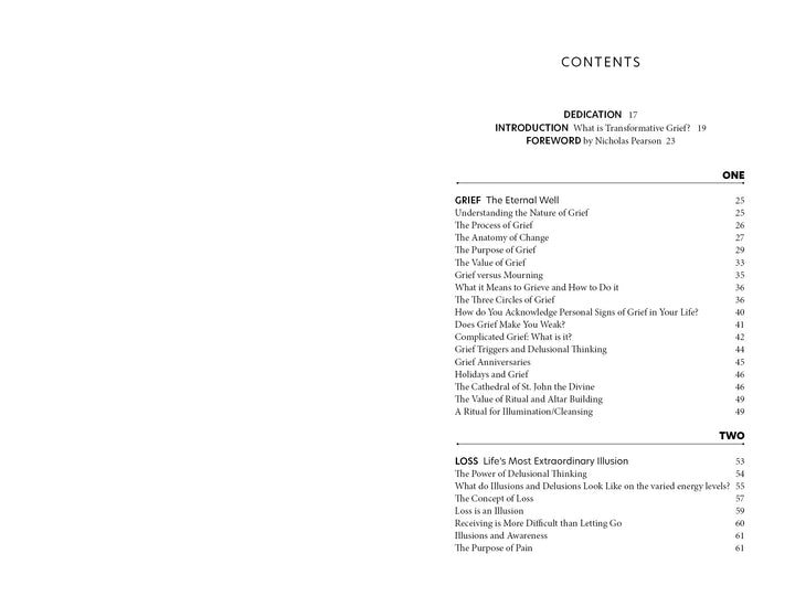 The table of contents for *Transformative Grief* by Schiffer Publishing, Ltd. features section titles and page numbers such as Grief and Loss, with subheadings on transformative grief, stages of grief, denial, emotional healing, sadness, and disbelief.