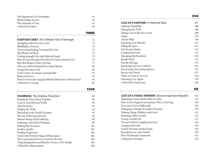 The table of contents from "Transformative Grief" by Schiffer Publishing, Ltd. lists chapters on grief, loss, coping rituals, transformative and everyday grief, losing a partner or family member, and mourning transitions.