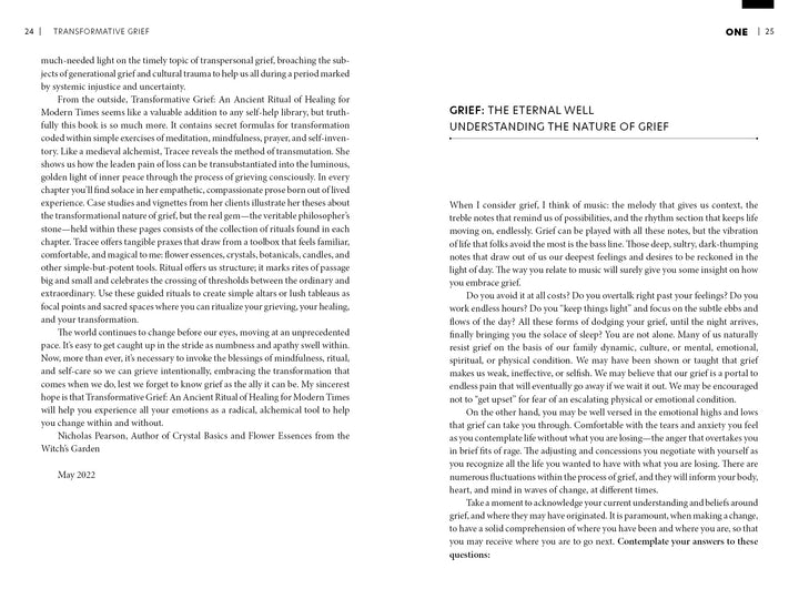 A two-page spread from Transformative Grief by Schiffer Publishing, Ltd. shows further reading on the left and introduces "Grief: The Eternal Well" on the right—exploring grief’s transformative and spiritual role in emotional healing.