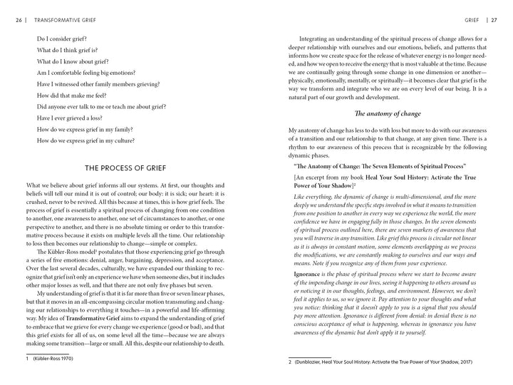 An open book, Transformative Grief by Schiffer Publishing, Ltd., features text on coping with loss and spiritual change, presented with paragraphs, headings, and footnotes across two visible pages.