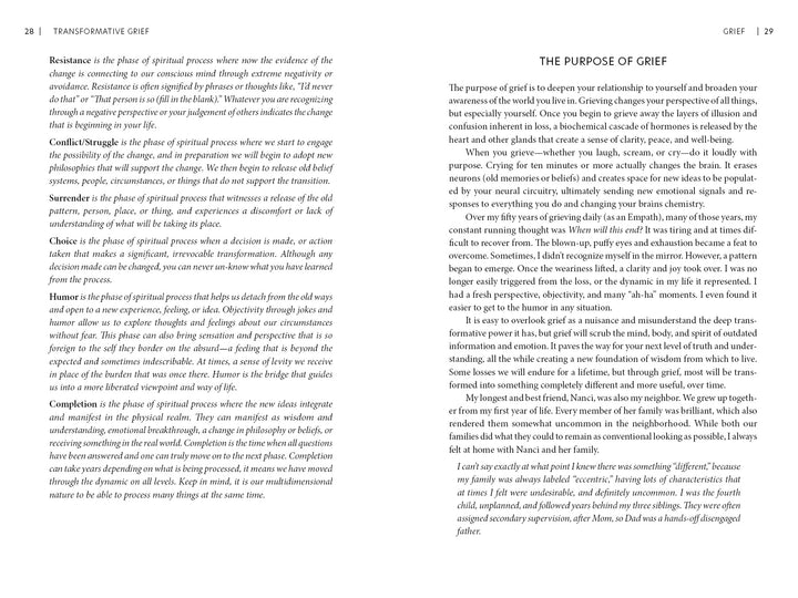 An open book, "Transformative Grief" by Schiffer Publishing, Ltd., reveals pages on grief’s stages—resistance and seeking solutions—and explains how grief can transform, fostering emotional healing and personal growth.