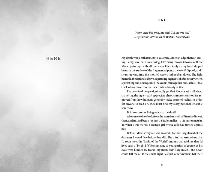 An open copy of "Iago’s Penumbra" by Schiffer Publishing, Ltd. shows its first chapter: the left page displays the word HERE, while the right is titled ONE with a Shakespeare quote and several paragraphs of narrative text.