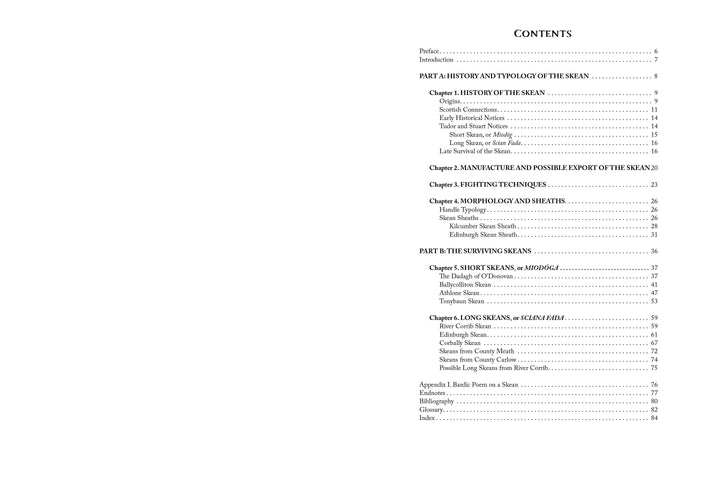 The Skean by Schiffer Publishing, Ltd. features a table of contents listing history, typology, manufacture, usage, morphology, short/long seax types, Irish skean, and an appendix with page numbers.