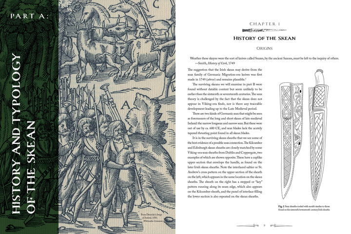 A book spread from "The Skean" by Schiffer Publishing, Ltd.: left page features an engraving of armed figures with text "Part A: History and Typology of the Irish skean." Right page shows Chapter 1, body text, and two ornate dagger illustrations.